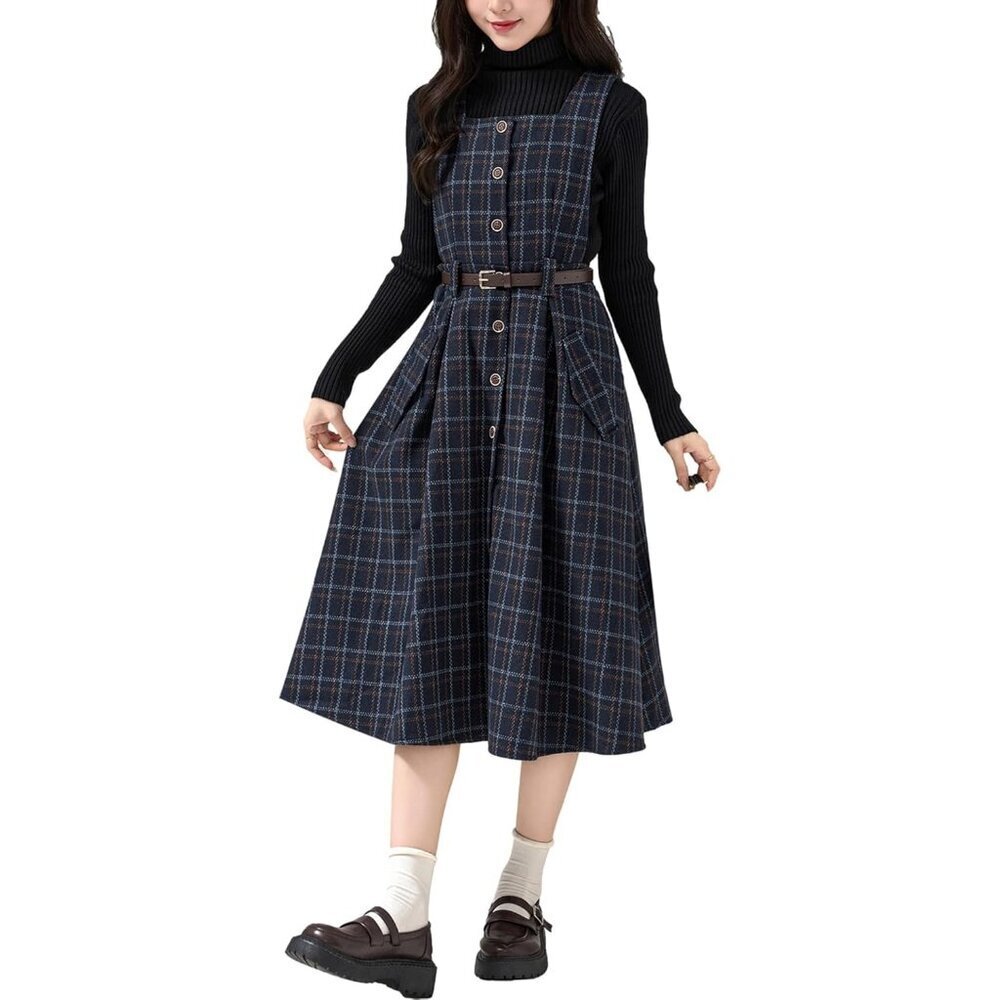 Sleeveless Plaid Dress Wool Blend Midi Casual Pinafore for Women Fall Winter